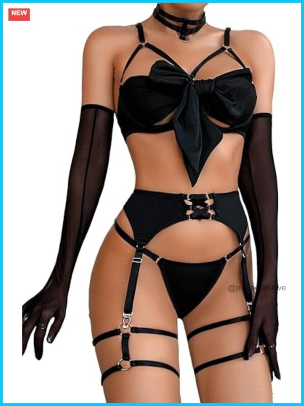 Sheer Bow Tie Lingerie Set, Strappy Garter, Thigh Straps, Gloves, Underwire